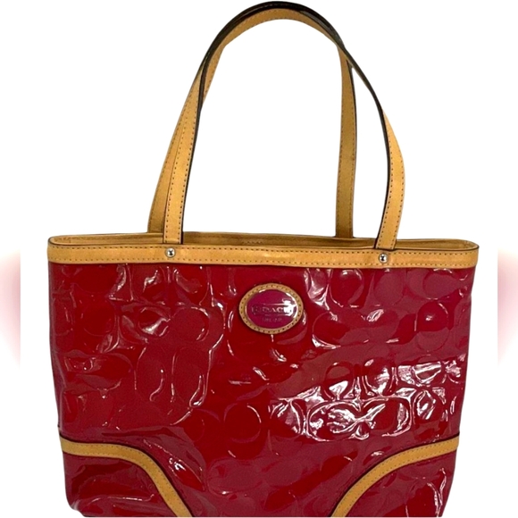 Coach Glossy Red and Tan Embossed Tote EUC - Picture 1 of 5